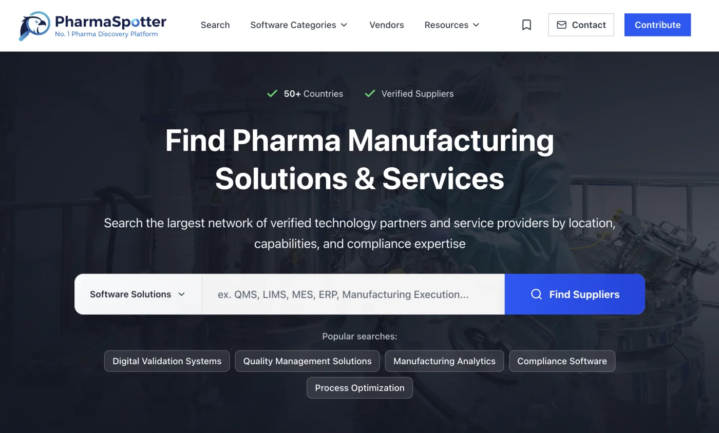 PharmaSpotter home page with a search bar for manufacturing solutions and services